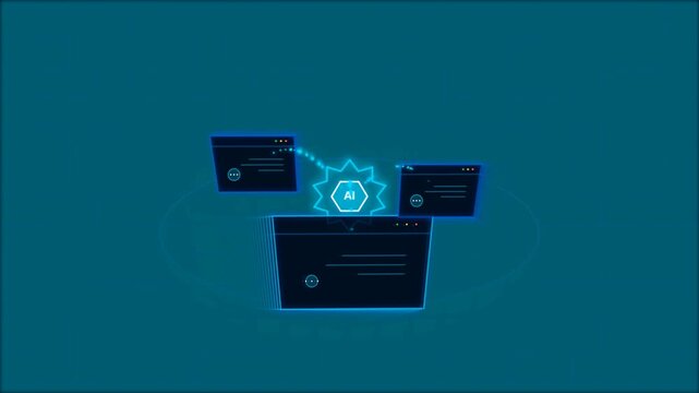 Artificial intelligence network concept with glowing digital browser windows and data connection nodes on a dark blue background 4k Motion Video
