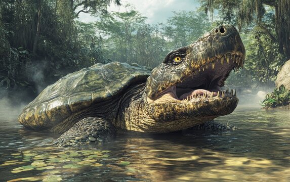 A massive, ancient turtle-like creature with a gaping maw of razor-sharp teeth emerges from the murky waters of a primeval jungle swamp, exuding a sense of primal power and danger