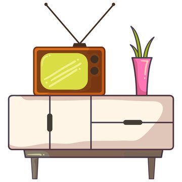 Retro vintage television set placed on a stylish sideboard next to a small green potted plant.