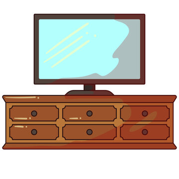 Modern flat screen television on brown wooden console cabinet for home interior decor.