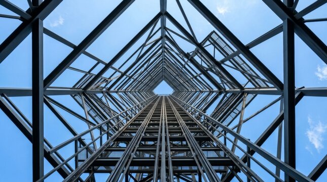 Low angle view of modern steel truss tower frame and blue sky