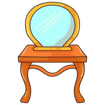 Classic wooden vanity table with a round gold frame mirror illustration