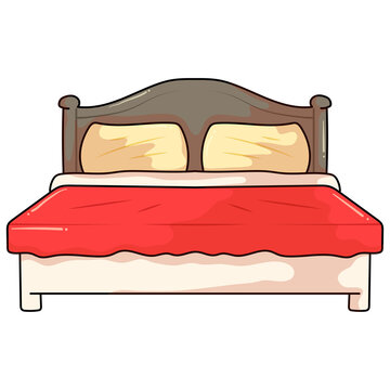 Cartoon illustration of a comfortable double bed with red duvet and pillows for bedroom decor