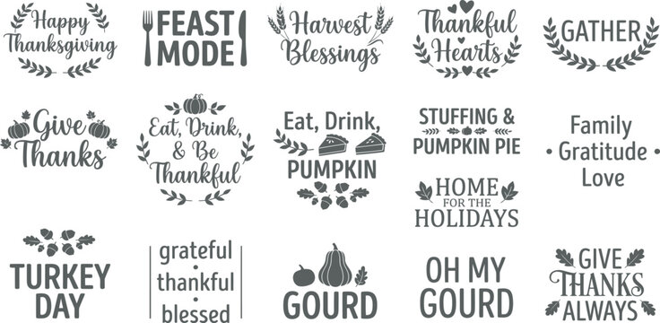 Collection of hand drawn thanksgiving typography quotes and holiday phrases for seasonal greeting cards and festive decorations