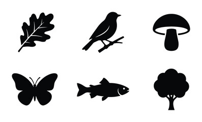 Fototapeta premium Nature Icons Set: Oak Leaf, Bird, Mushroom, Butterfly, Fish, Tree Silhouettes for Eco Design