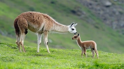 Fototapeta premium A llama and its calf share a tender moment on a lush green pasture, surrounded by nature's tranquility