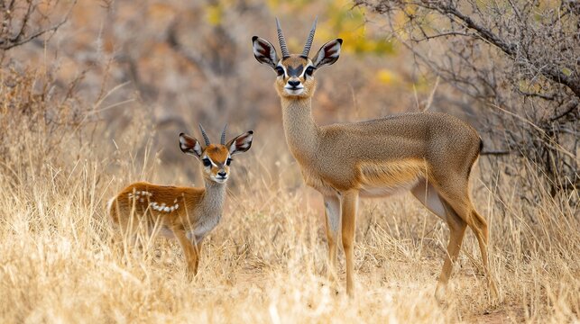 Mother and baby dik dik antelope standing alert in dry African grassland, showing protective parenting behavior in natural habitat
