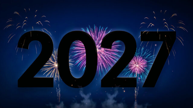 A festive celebration background featuring the year 2027 in bold black typography set against a dark blue sky filled with bright colorful exploding firework displays