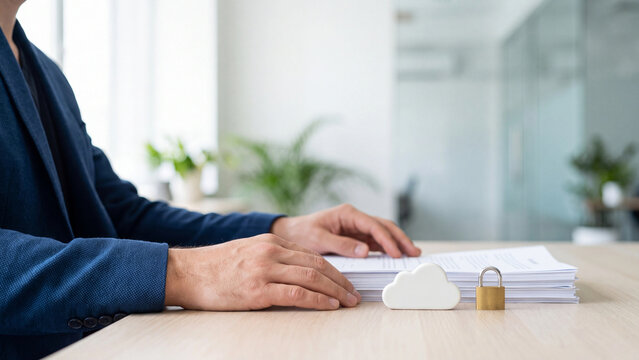 Cloud storage privacy and document backup protection. Businessman with paper stack, cloud figure and padlock in office for file archive, data compliance, encrypted access and confidential paperwork