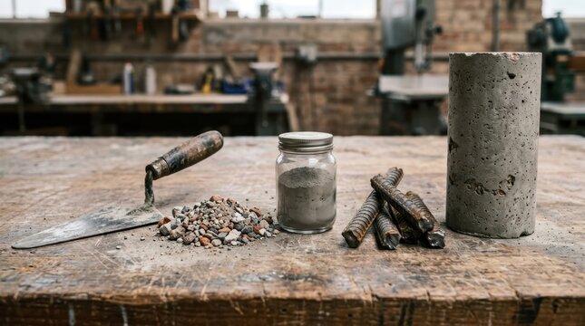 Steel trowel, recycled aggregate, fly ash sample, rebar offcuts and a concrete test cylinder on a construction workbench