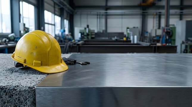 Yellow safety helmet on a metal surface in a busy industrial workshop