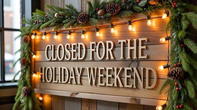 Closed for the holiday weekend sign on a rustic wooden board decorated with christmas pine branches, pinecones, red berries, and warm glowing string lights for festive seasonal shop closure