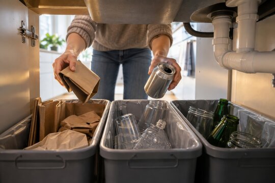 Organizaci&oacute;n de reciclaje en la cocina durante una actividad de limpieza y separaci&oacute;n de materiales