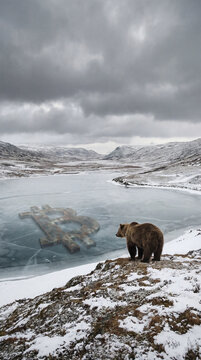Bitcoin bear market. Crypto winter concept. Bear Standing on Snowy Mountain Slope Overlooking Frozen Lake with Bitcoin Symbol Beneath the Ice. Image made using Generative AI.