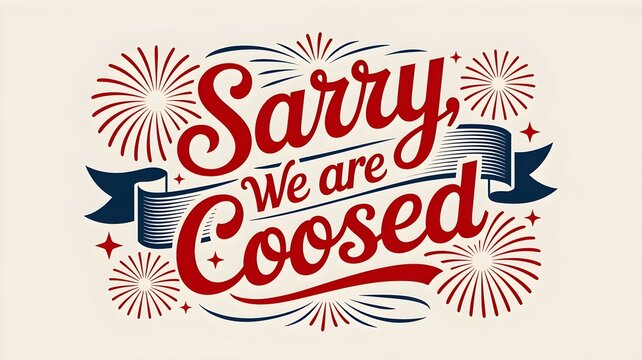 Sorry we are closed sign with patriotic fireworks and ribbon banner design, isolated on white background