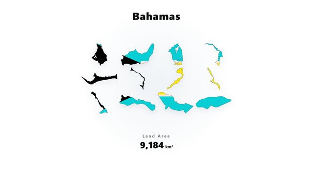 Bahamas map silhouettes drifting apart on clean white background with turquoise teal yellow black island shapes and numeric caption across wide horizontal layout