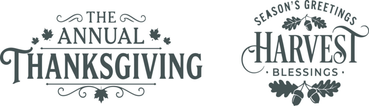 Set of vintage style thanksgiving and harvest festival typography labels with decorative autumn leaves and acorn elements