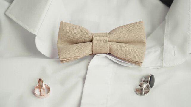 A close view of a bow tie and cufflinks arranged neatly on a white dress shirt, showing details of a wedding day outfit preparation.