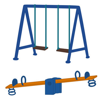 Playground Equipment Illustration, Blue Double Swing Set and Orange Seesaw Vector Clipart Isolated on Transparent Background