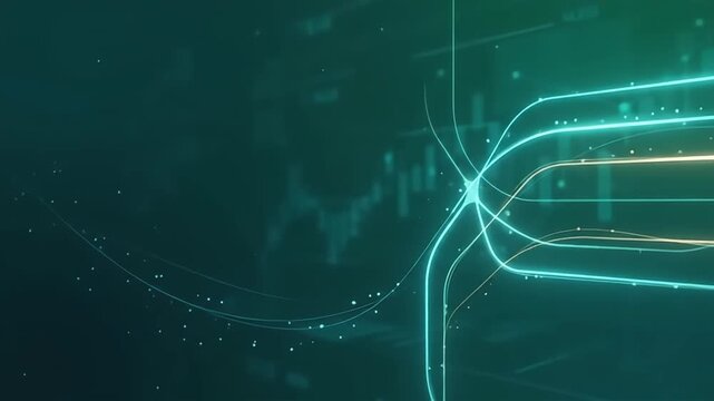 Cybernetic circuit nodes connect glowing turquoise pathways over a dark green data matrix.