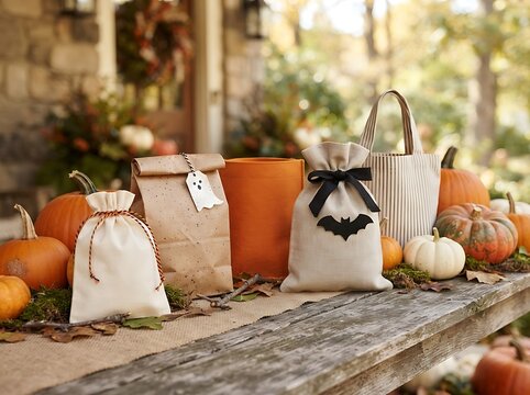 Charming halloween candy bags decorated with bats and spooky ghosts.