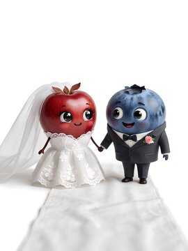 Whimsical depict an anthropomorphic apple and blueberry as a bride and groom. The apple wears a white lace wedding dress with a veil, while the blueberry is dressed in a gray tuxedo with a black bow.