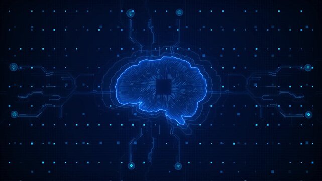 Electronic brain connects circuit pathways AI, internet, security innovation dark grid. artificial intelligence, machine learning, automation, cybersecurity, cloud computing 19 presentations.