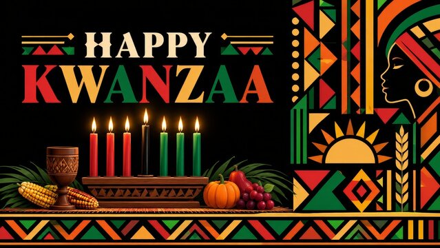 Colorful kwanzaa celebration featuring kinara candles and intricate geometric designs that showcase african heritage