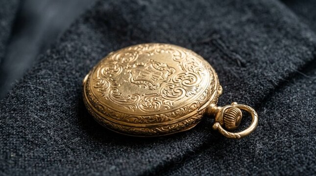 Antique gold pocket watch with intricate engraving on dark fabric