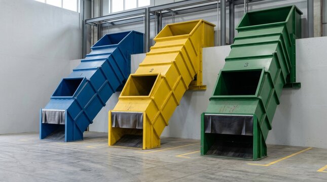 Industrial sorting chutes in blue yellow and green inside a modern factory facility
