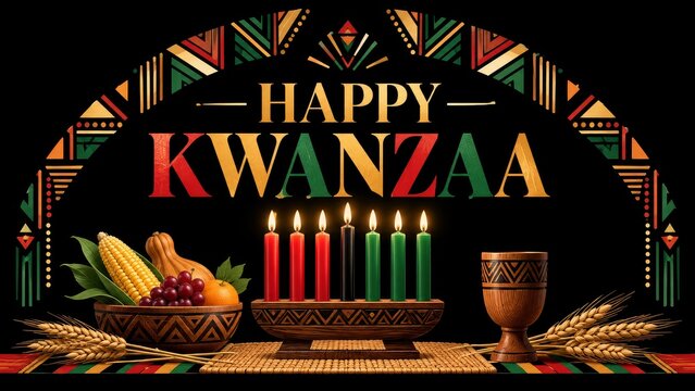 Colorful kwanzaa celebration featuring kinara candles and joyful african harvest decorations