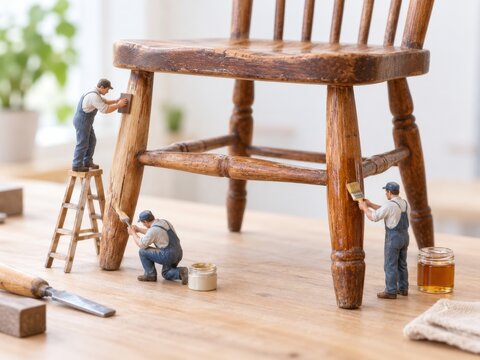 Trabajo en renovaci&oacute;n de una silla de madera en un taller
