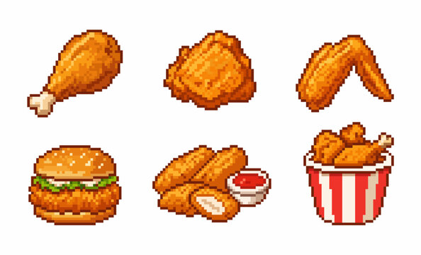 Pixel Art Fried Chicken Icon Set, Pixelated Crispy Chicken, Nugget, and Chicken Burger Illustrations