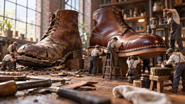 Una escena en un taller de zapater&iacute;a con botas grandes y trabajadores reparando calzado