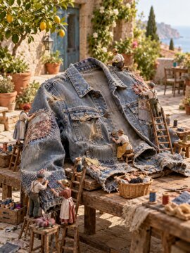 Un grupo de figuras peque&ntilde;as trabaja en una chaqueta de mezclilla en un lugar con plantas y edificios