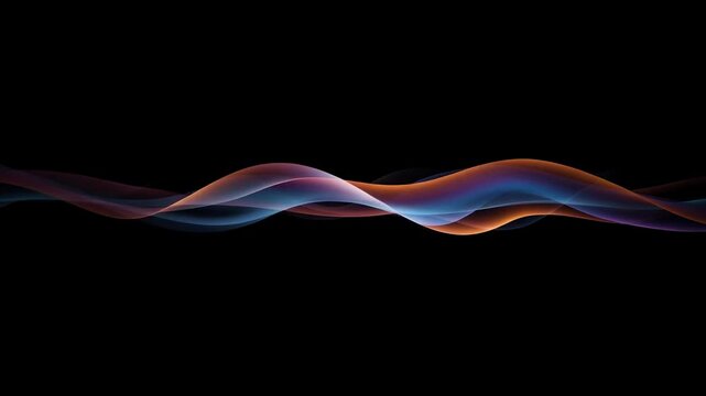 Abstract flowing multicolored waveforms with blue, purple, and orange ribbons crossing against a black background