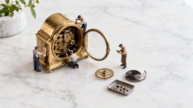 Reparaci&oacute;n de un reloj antiguo en una mesa con miniaturas