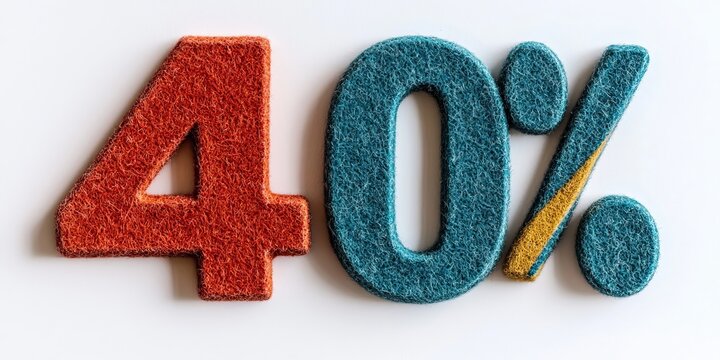 Creative 40 percent discount sign made of felt fabric isolated on a plain clean white background