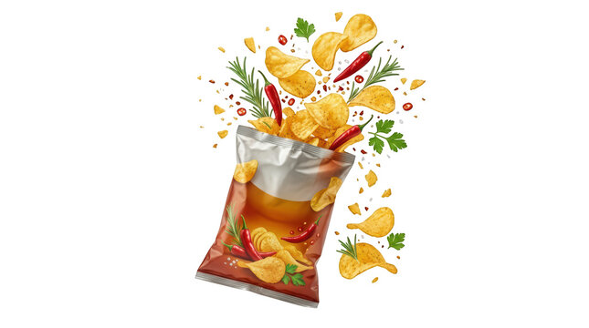 Potato chips bag with chili peppers and herbs isolated on transparent background