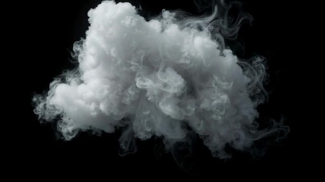Detailed white and gray billowing smoke cloud isolated against a black background, creating a dramatic atmospheric texture