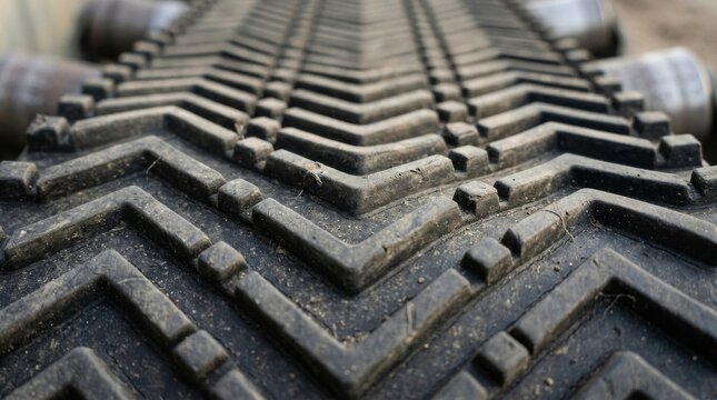 Close up view of heavy duty rubber conveyor belt with chevron pattern texture