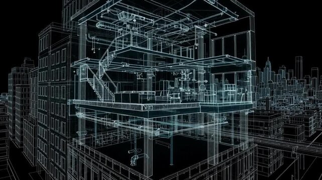 Glowing cyan wireframe visualization of a modern multi-story building with transparent floors, structural details, and surrounding urban forms