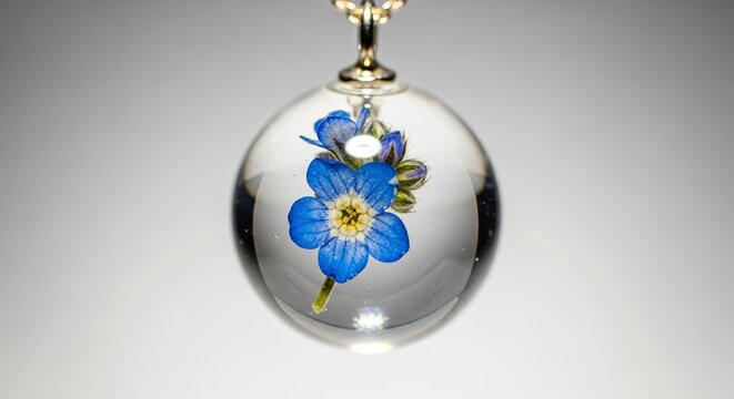 Blue flower in resin pendant with detailed design showcasing delicate petals and vibrant colors. This beautiful pendant features an eye-catching blue flower encased in glossy resin,