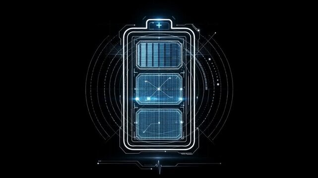 Glowing blue futuristic energy device with stacked digital panels, holographic circuitry, and radiating technology interface on a black background