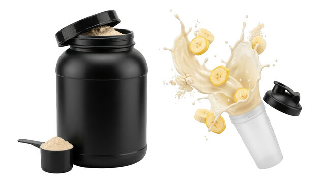 Protein powder container and banana smoothie splash isolated on white isolated on transparent background