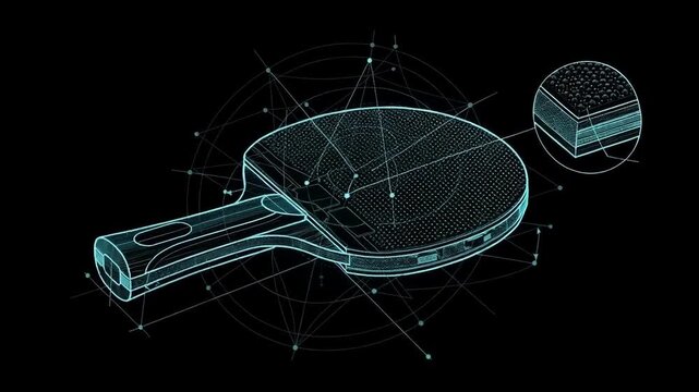 Abstract glowing cyan wireframe illustration of a round frying pan with a handle and floating geometric particles on a black background