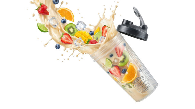 Protein shake bottle with splashing fruit and ice isolated on transparent background