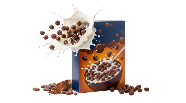 Chocolate cereal box with milk splash isolated on transparent background