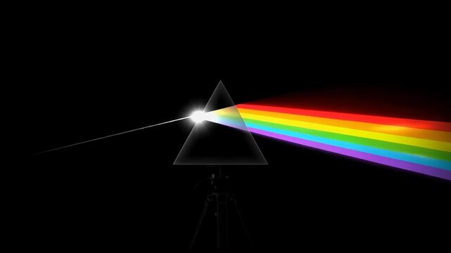 Animated triangular glass prism dispersing a bright white beam into a colorful rainbow spectrum against a dark background