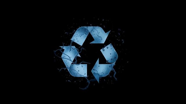 Blue recycling symbol formed from textured geometric arrows with scattered particles on a black background, representing sustainability and circular economy